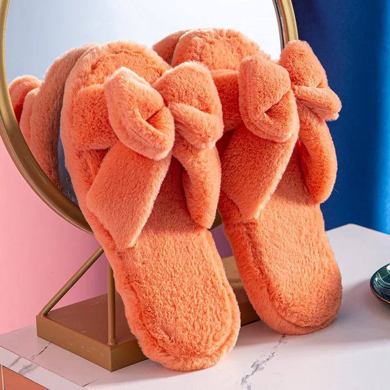 Womens Winter Open Toe Soft Plush Bowknot Slippers