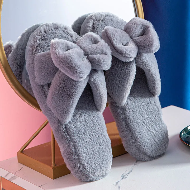 Womens Winter Open Toe Soft Plush Bowknot Slippers