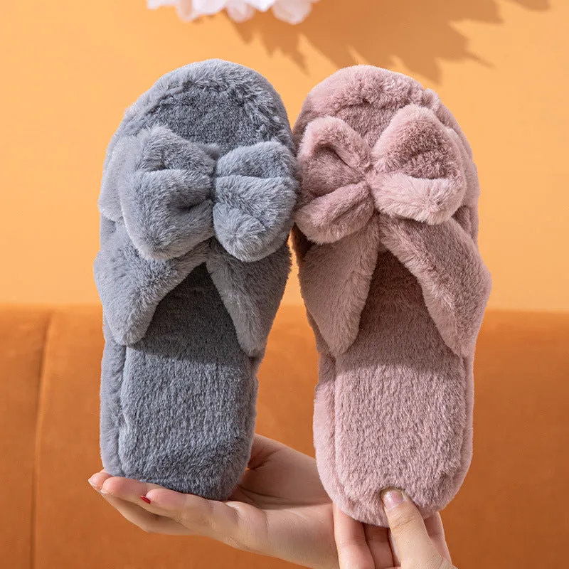 Womens Winter Open Toe Soft Plush Bowknot Slippers