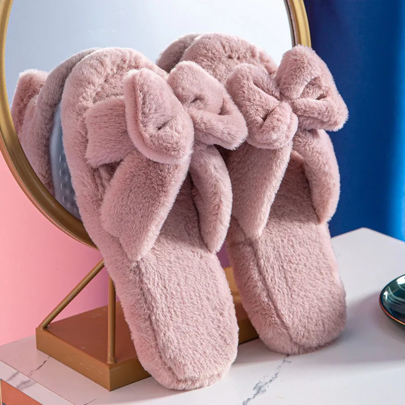 Womens Winter Open Toe Soft Plush Bowknot Slippers