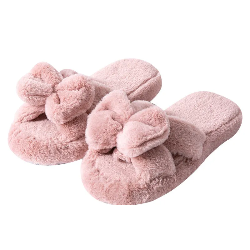 Womens Winter Open Toe Soft Plush Bowknot Slippers