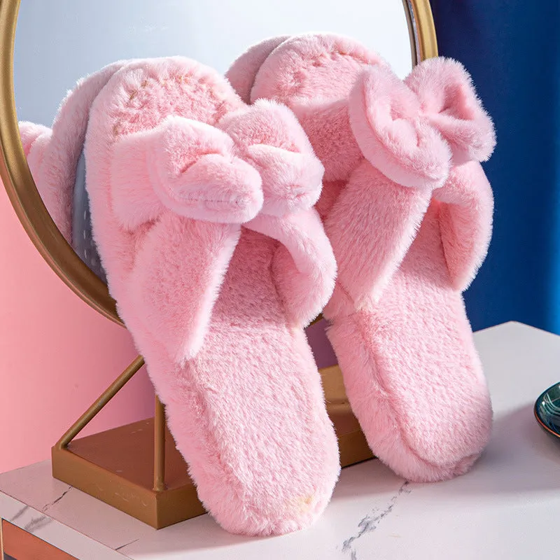 Womens Winter Open Toe Soft Plush Bowknot Slippers
